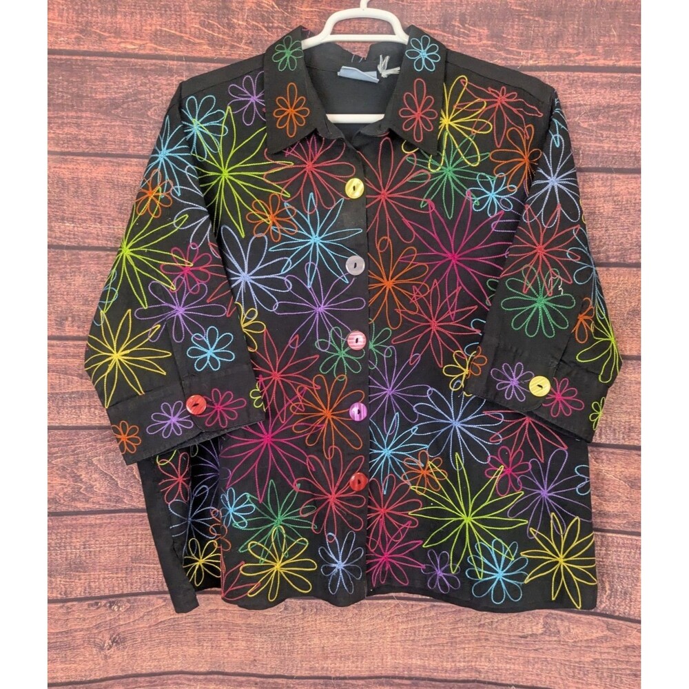 Liz‎ & Me Womens Black Daisy Embroidered Jacket See Measurements!! 3X?